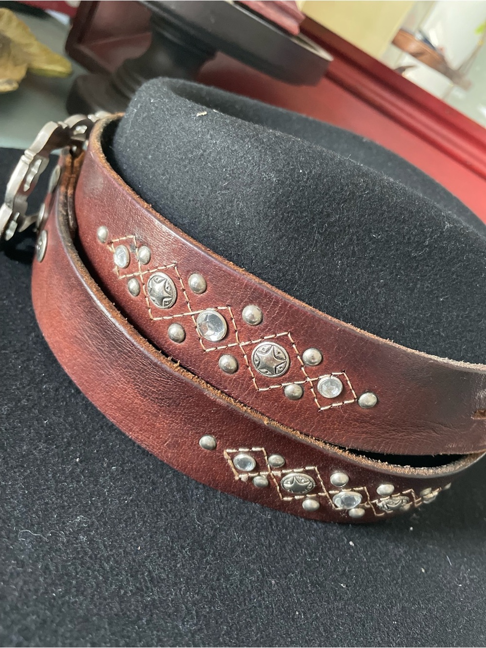 BKE Studded Rhinestone Brown Leather Belt with Ornate Silver Buckle 33-38” - Picture 3 of 7